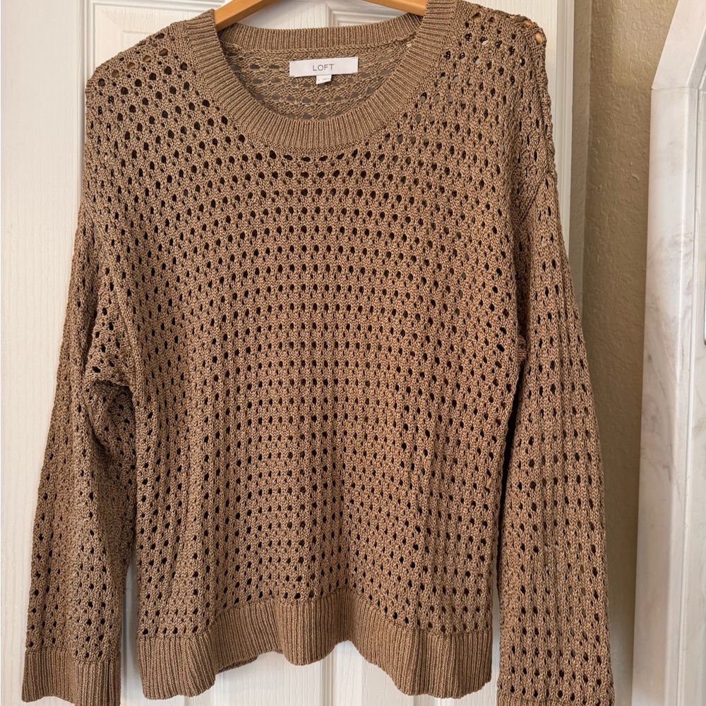 LOFT Tan Open-Knit Crewneck Sweater